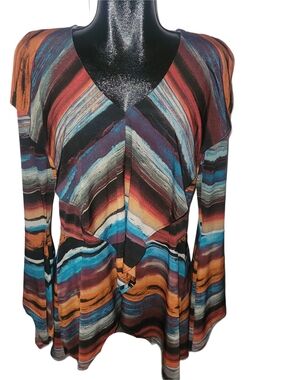 Marallis Collection Multicolor Striped V-Neck Long Flounced Sleeve Top XL